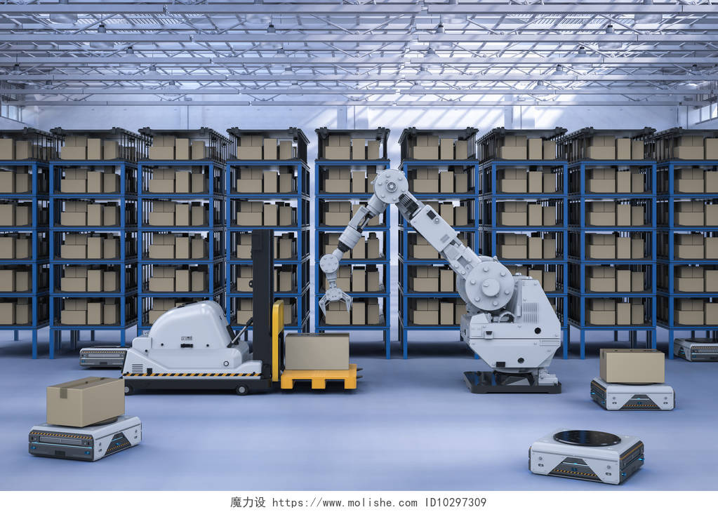 带叉车和输送机的3d渲染机器人臂自动仓库概念物流仓库物流园区